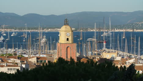 bell-tower-Notre-Dame-de-l'Assomption-Saint-Tropez-France-with-boats